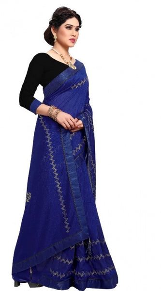 Mayawye Women's Vichitra Silk HotFix Stone Work Saree With Blouse (Blue, 5-6 Mtrs)