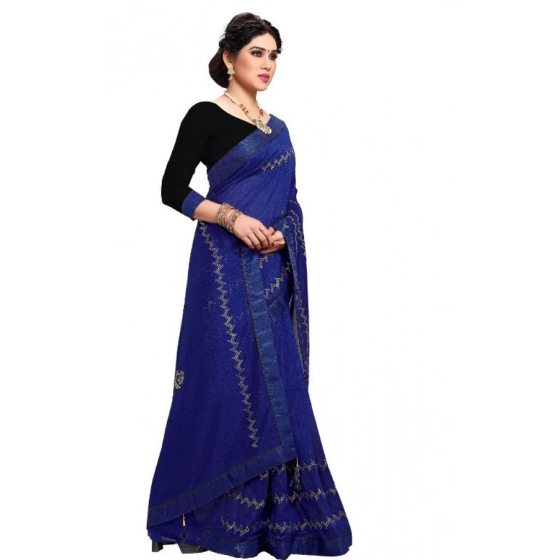 Mayawye Women's Vichitra Silk HotFix Stone Work Saree With Blouse (Blue, 5-6 Mtrs)