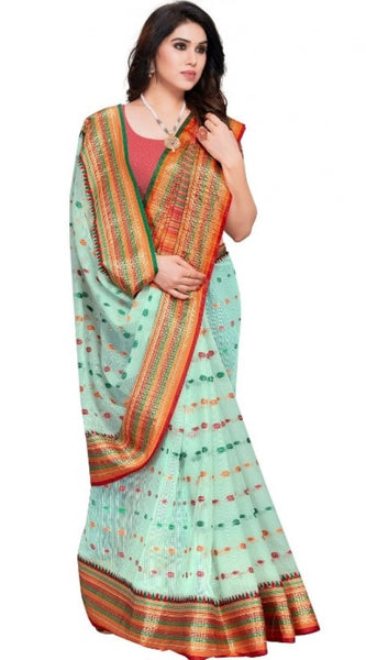 Mayawye Women's Kota Doria Cotton Woven Butta Saree With Blouse (Pista, 5-6 Mtrs)