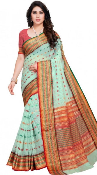 Mayawye Women's Kota Doria Cotton Woven Butta Saree With Blouse (Pista, 5-6 Mtrs)