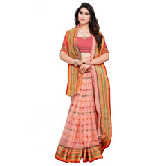 Mayawye Women's Kota Doria Cotton Woven Butta Saree With Blouse (Peach, 5-6 Mtrs)