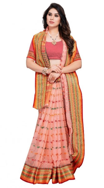Mayawye Women's Kota Doria Cotton Woven Butta Saree With Blouse (Peach, 5-6 Mtrs)