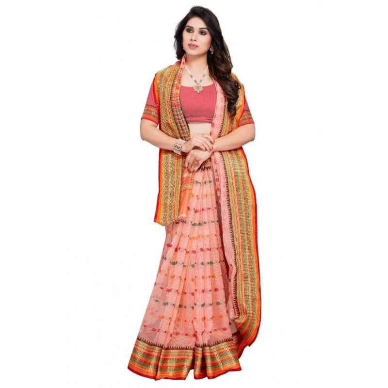 Mayawye Women's Kota Doria Cotton Woven Butta Saree With Blouse (Peach, 5-6 Mtrs)