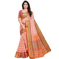 Mayawye Women's Kota Doria Cotton Woven Butta Saree With Blouse (Peach, 5-6 Mtrs)