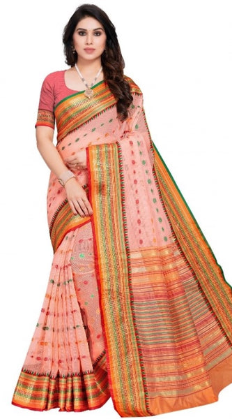 Mayawye Women's Kota Doria Cotton Woven Butta Saree With Blouse (Peach, 5-6 Mtrs)