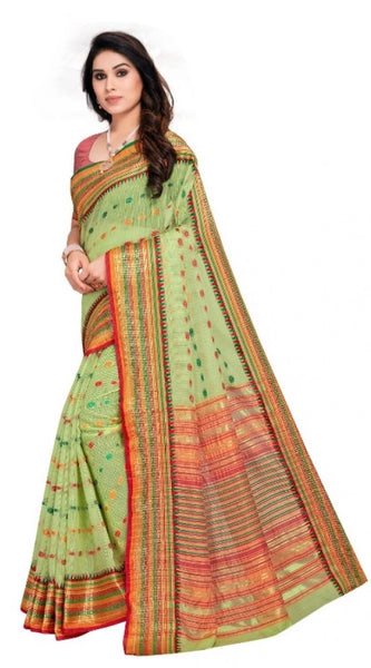 Mayawye Women's Kota Doria Cotton Woven Butta Saree With Blouse (Light Green, 5-6 Mtrs)