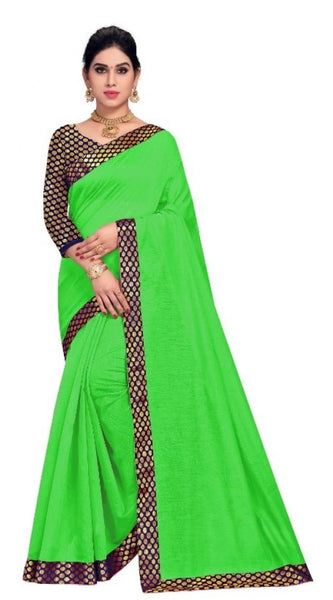 Mayawye Women's Chanderi Cotton Lace Border Saree With Blouse (Green, 5-6 Mtrs)