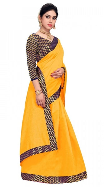 Mayawye Women's Chanderi Cotton Lace Border Saree With Blouse (Gold, 5-6 Mtrs)