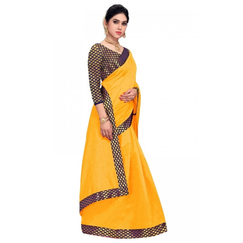 Mayawye Women's Chanderi Cotton Lace Border Saree With Blouse (Gold, 5-6 Mtrs)