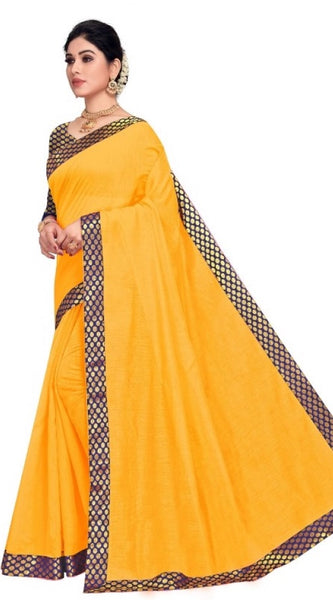 Mayawye Women's Chanderi Cotton Lace Border Saree With Blouse (Gold, 5-6 Mtrs)
