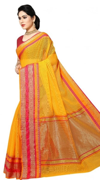 Mayawye Women's Kota Doria Cotton Border Saree With Blouse (Gold, 5-6 Mtrs)