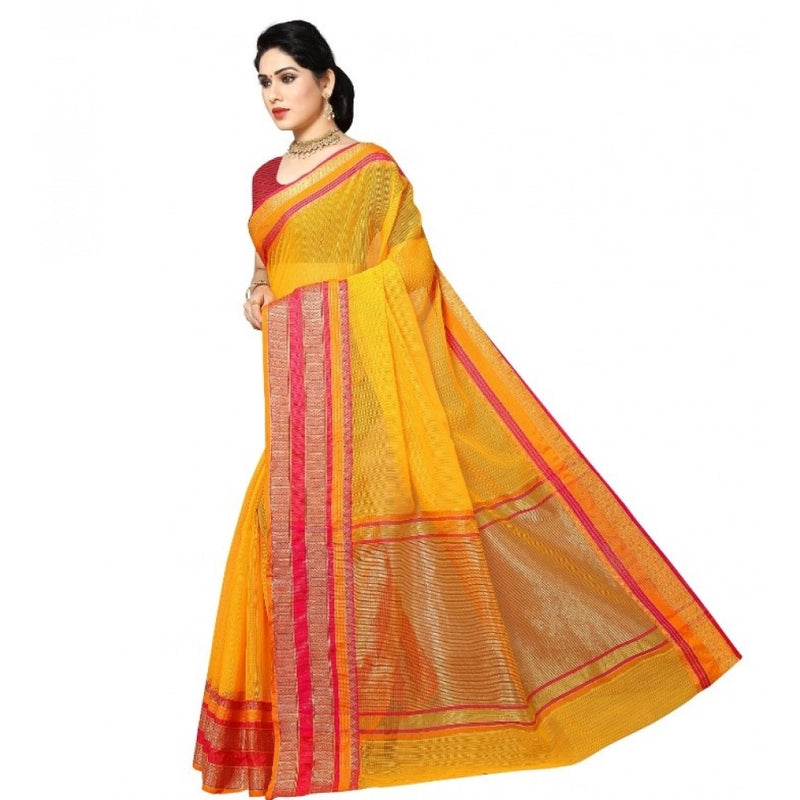 Mayawye Women's Kota Doria Cotton Border Saree With Blouse (Gold, 5-6 Mtrs)