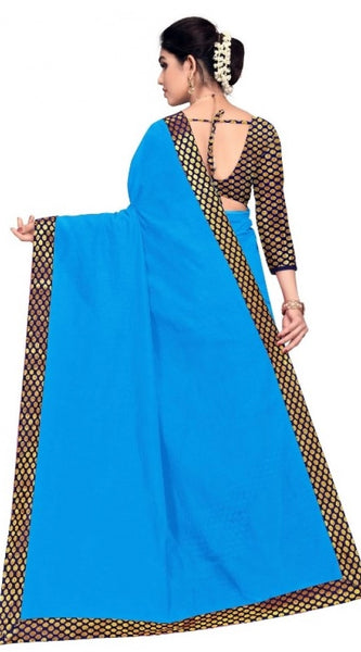Mayawye Women's Chanderi Cotton Lace Border Saree With Blouse (Sky Blue, 5-6 Mtrs)