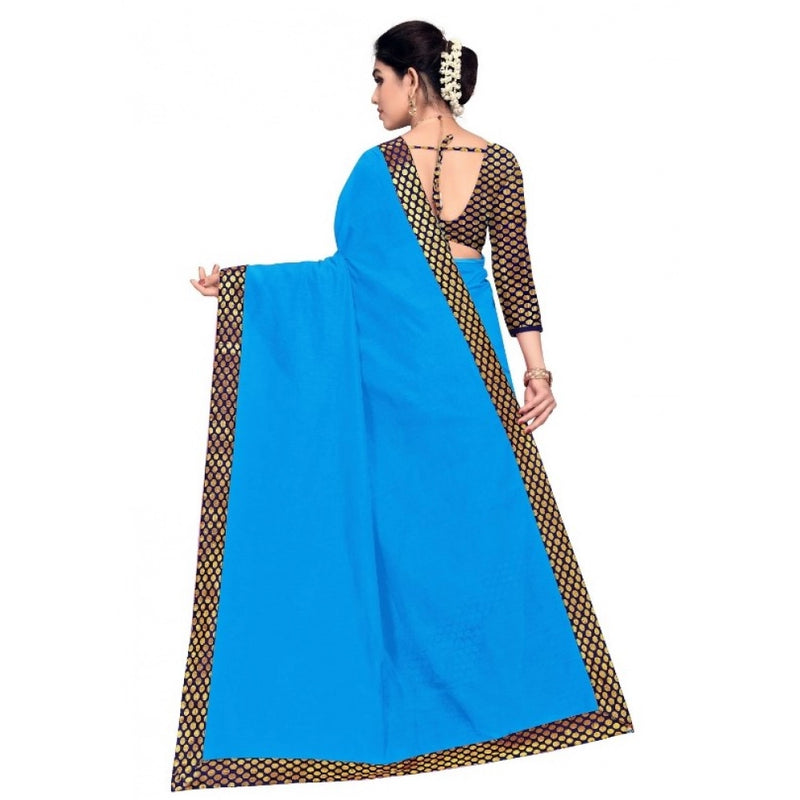 Mayawye Women's Chanderi Cotton Lace Border Saree With Blouse (Sky Blue, 5-6 Mtrs)