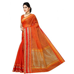 Mayawye Women's Kota Doria Cotton Border Saree With Blouse (Orange, 5-6 Mtrs)