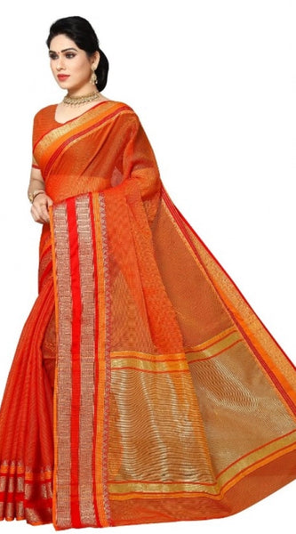 Mayawye Women's Kota Doria Cotton Border Saree With Blouse (Orange, 5-6 Mtrs)