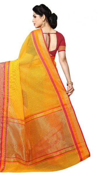 Mayawye Women's Kota Doria Cotton Border Saree With Blouse (Gold, 5-6 Mtrs)