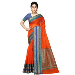 Mayawye Women's Kota Doria Cotton Border Saree With Blouse (Fanta, 5-6 Mtrs)