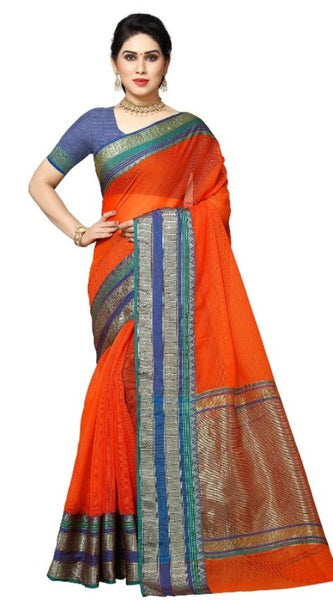 Mayawye Women's Kota Doria Cotton Border Saree With Blouse (Fanta, 5-6 Mtrs)