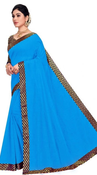 Mayawye Women's Chanderi Cotton Lace Border Saree With Blouse (Sky Blue, 5-6 Mtrs)