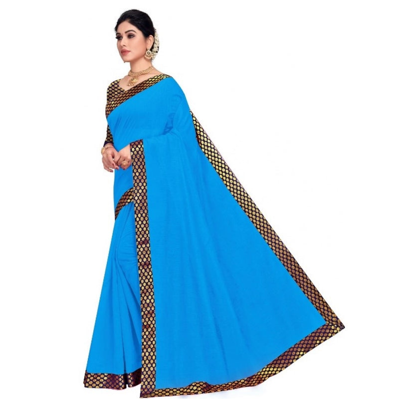 Mayawye Women's Chanderi Cotton Lace Border Saree With Blouse (Sky Blue, 5-6 Mtrs)