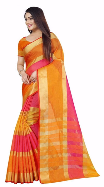 Mayawye Women's Kota Doria Cotton Plain Saree With Blouse (Multicolor, 5-6 Mtrs)