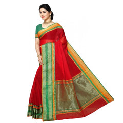 Mayawye Women's Kota Doria Cotton Border Saree With Blouse (Red, 5-6 Mtrs)
