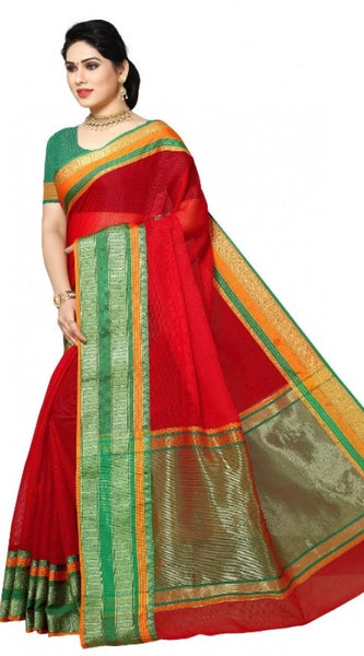 Mayawye Women's Kota Doria Cotton Border Saree With Blouse (Red, 5-6 Mtrs)