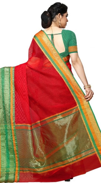 Mayawye Women's Kota Doria Cotton Border Saree With Blouse (Red, 5-6 Mtrs)