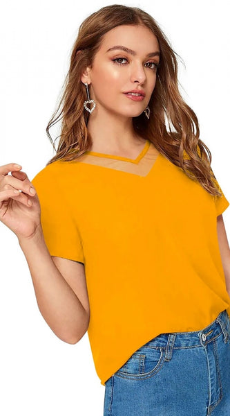 Mayawye Women's Polyester, Knitting Western Wear T-Shirt (Yellow)