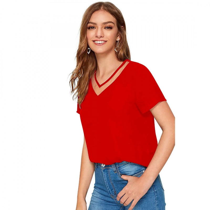 Mayawye Women's Polyester, Knitting Western Wear T-Shirt (Red)