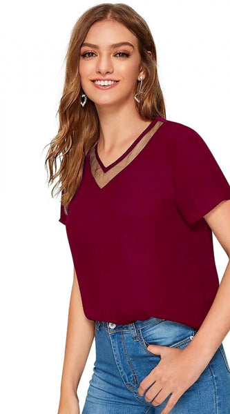 Mayawye Women's Polyester, Knitting Western Wear T-Shirt (Maroon)