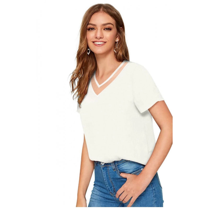 Mayawye Women's Polyester, Knitting Western Wear T-Shirt (White)