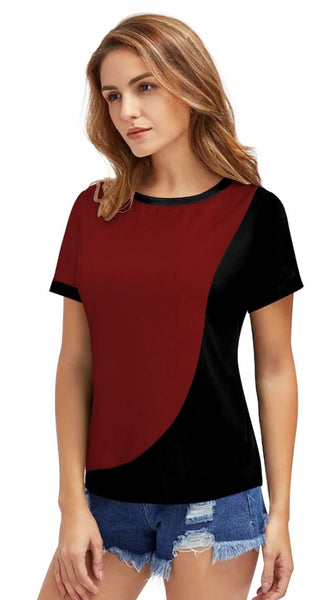 Mayawye Women's Polyester, Knitting Western Wear T-Shirt (Maroon)