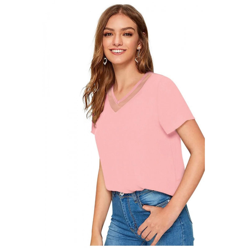 Mayawye Women's Polyester, Knitting Western Wear T-Shirt (Peach)