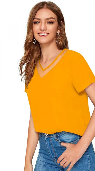 Mayawye Women's Polyester, Knitting Western Wear T-Shirt (Yellow)