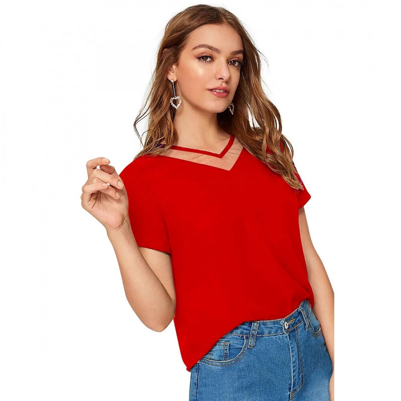 Mayawye Women's Polyester, Knitting Western Wear T-Shirt (Red)