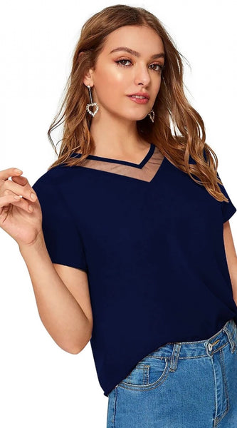 Mayawye Women's Polyester, Knitting Western Wear T-Shirt (Blue)