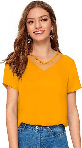 Mayawye Women's Polyester, Knitting Western Wear T-Shirt (Yellow)