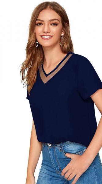 Mayawye Women's Polyester, Knitting Western Wear T-Shirt (Blue)