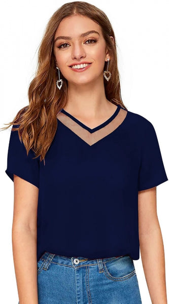 Mayawye Women's Polyester, Knitting Western Wear T-Shirt (Blue)