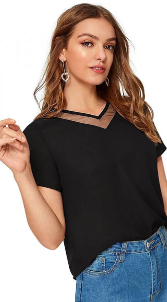 Mayawye Women's Polyester, Knitting Western Wear T-Shirt (Black)