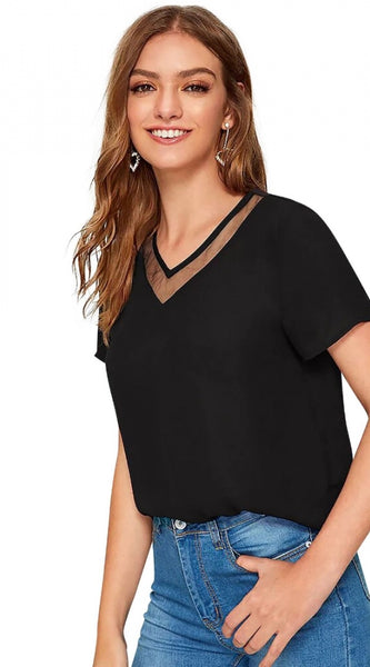 Mayawye Women's Polyester, Knitting Western Wear T-Shirt (Black)