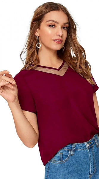 Mayawye Women's Polyester, Knitting Western Wear T-Shirt (Maroon)