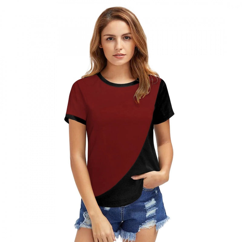 Mayawye Women's Polyester, Knitting Western Wear T-Shirt (Maroon)
