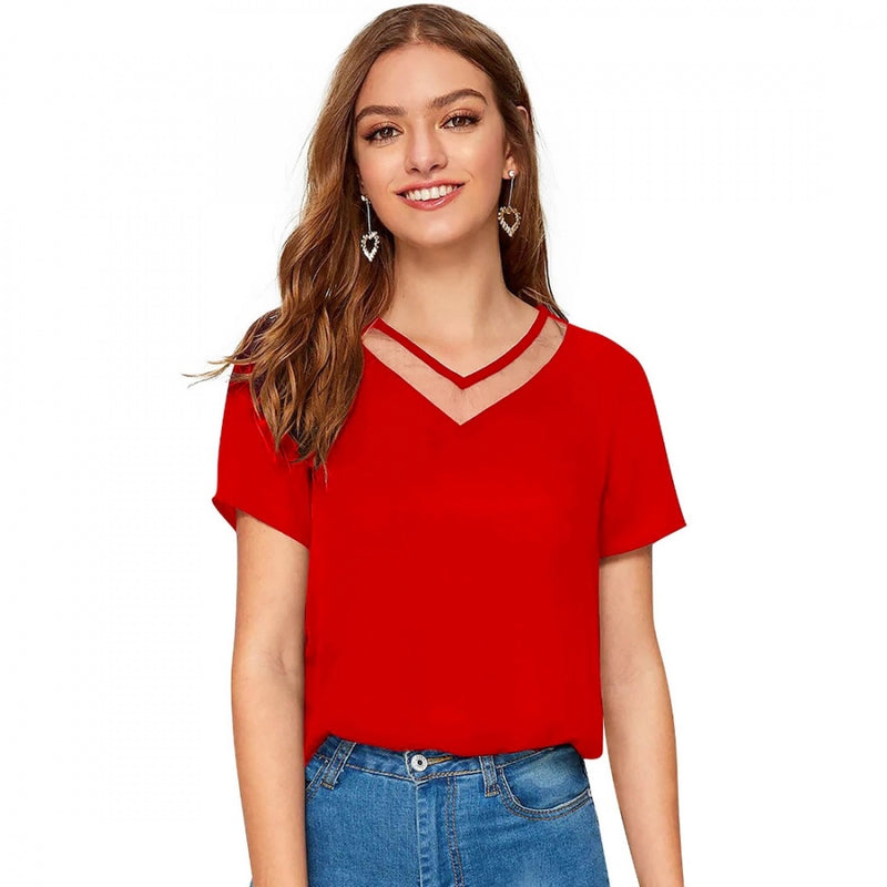 Mayawye Women's Polyester, Knitting Western Wear T-Shirt (Red)