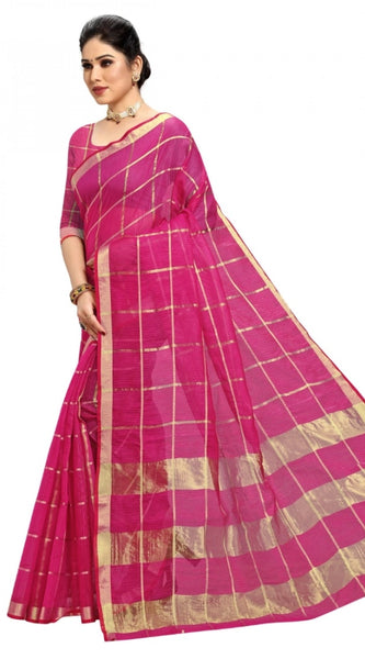 Mayawye Women's Kota Doria Cotton Checked Saree With Blouse (Rani, 5-6 Mtrs)