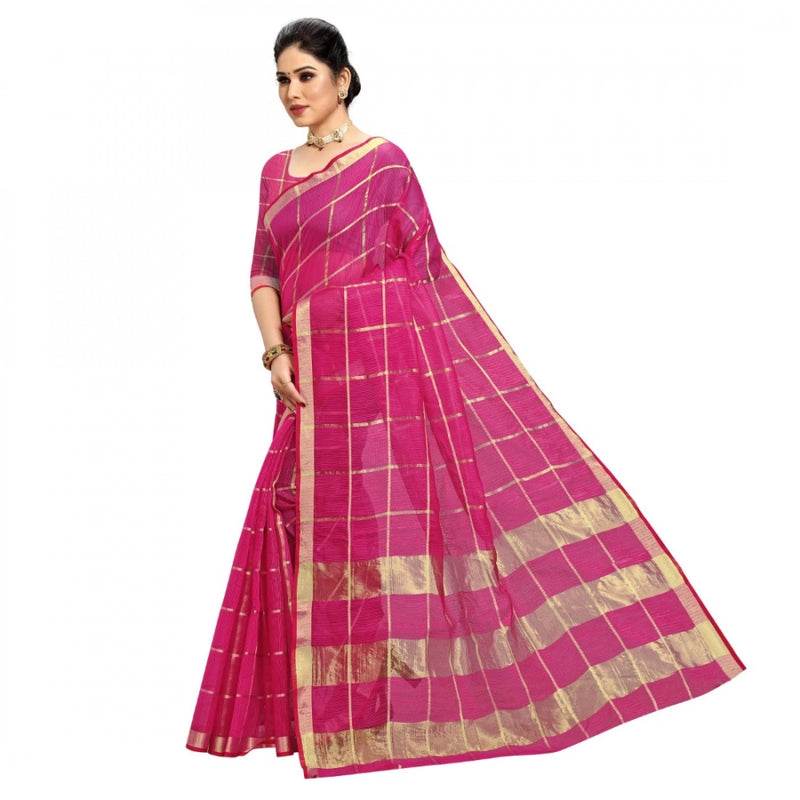 Mayawye Women's Kota Doria Cotton Checked Saree With Blouse (Rani, 5-6 Mtrs)