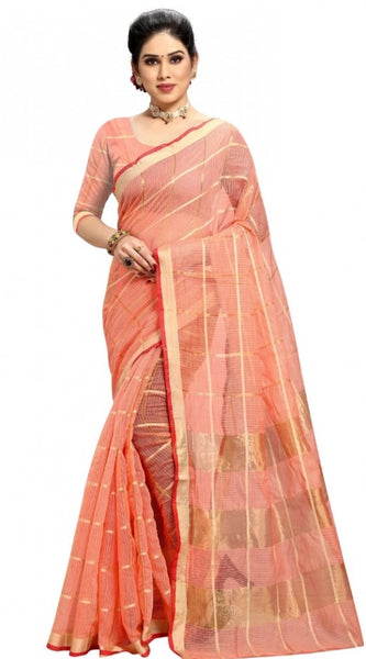 Mayawye Women's Kota Doria Cotton Checked Saree With Blouse (Peach, 5-6 Mtrs)