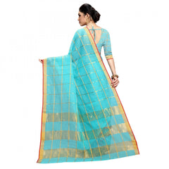 Mayawye Women's Kota Doria Cotton Checked Saree With Blouse (Sky Blue, 5-6 Mtrs)